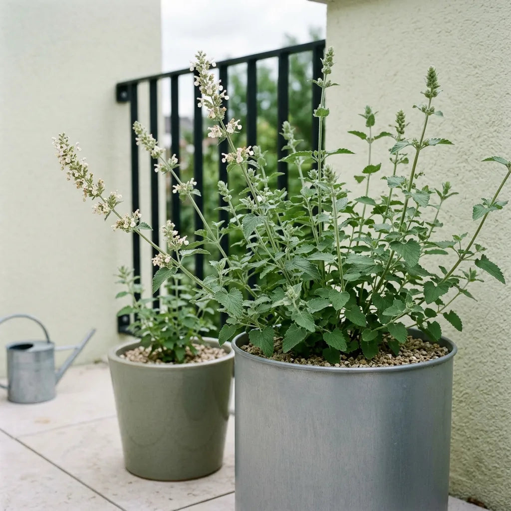 Culture de l'herbe à chat en pot de zinc sur un balcon contemporain, touffe fleurie et jeune plant — SemiSauvage