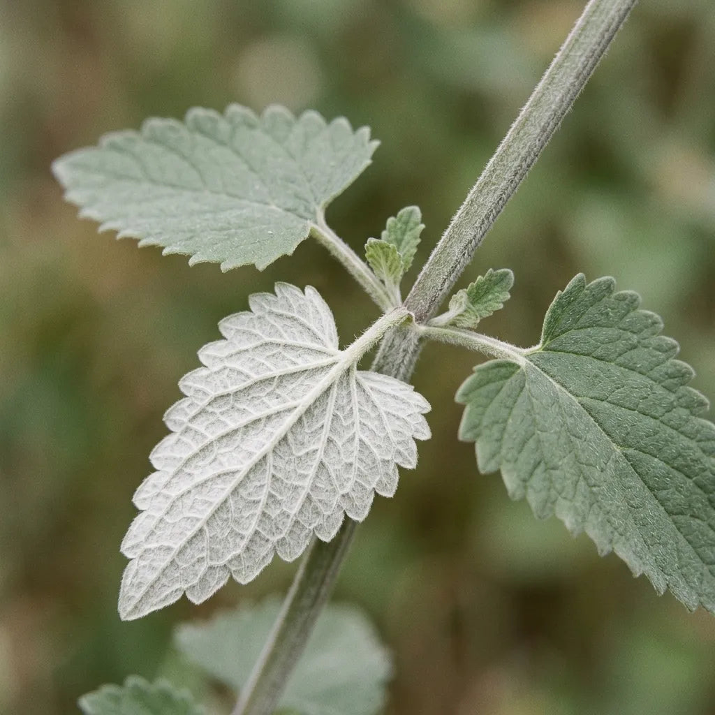Feuilles opposées de cataire à base cordée et marge dentée, revers blanchâtre tomenteux et tige quadrangulaire duveteuse — SemiSauvage