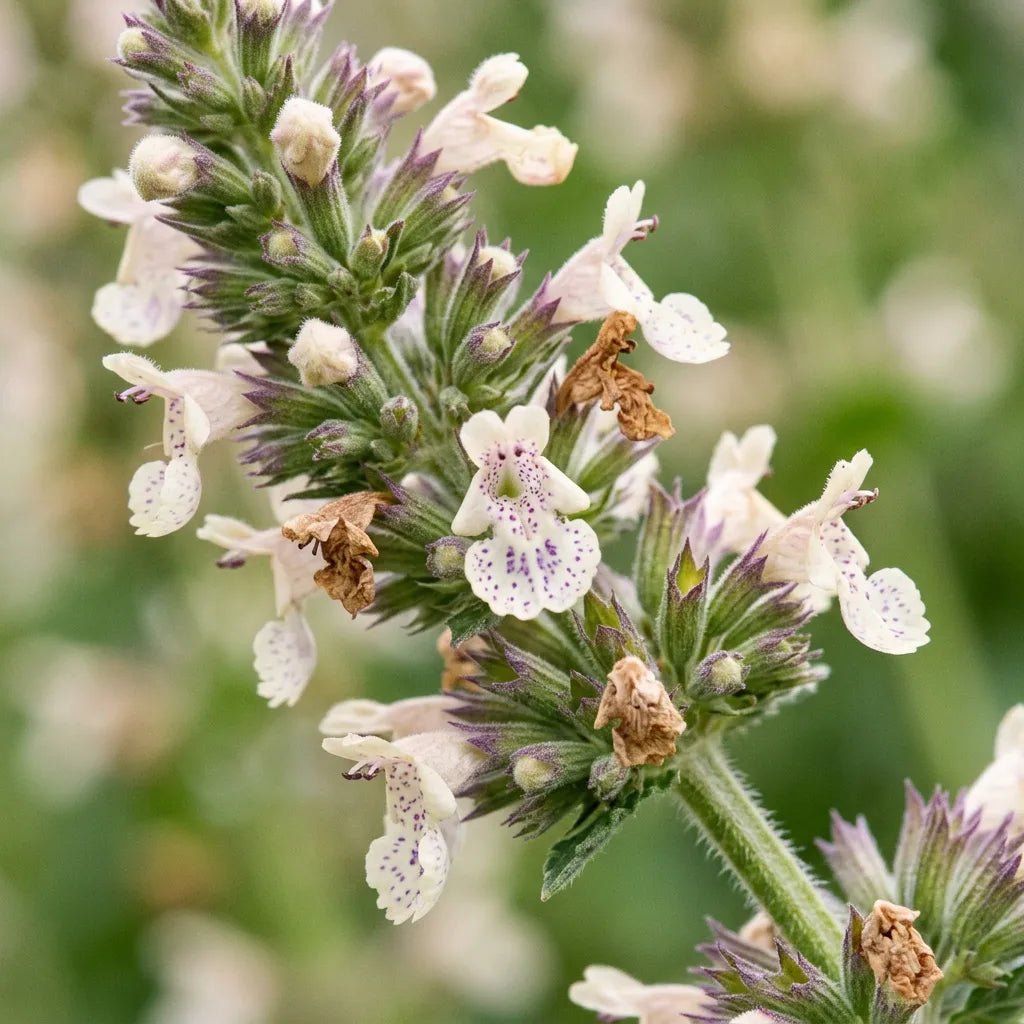 Macro d'un épi de cataire : petites fleurs bilabiées blanc crème mouchetées de points pourpre sur la lèvre inférieure — SemiSauvage