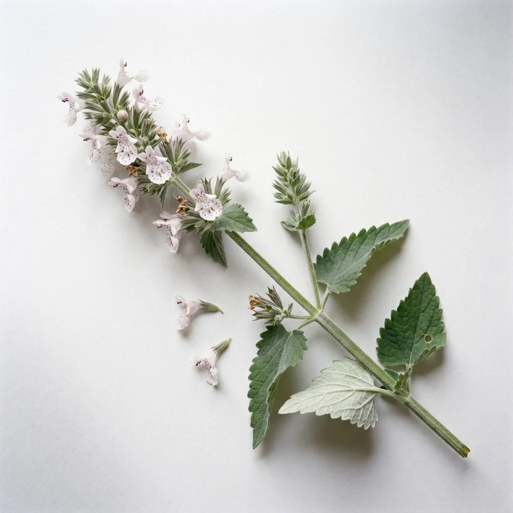Tige fleurie d'herbe à chat (Nepeta cataria) sur fond blanc : épi de fleurs bilabiées mouchetées de pourpre et feuilles dentées gris-vert — SemiSauvage