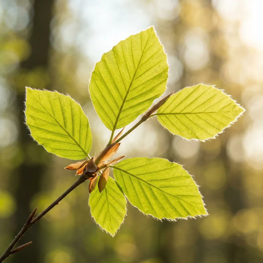 Jeunes feuilles de hêtre translucides et ciliées à contre-jour — SemiSauvage