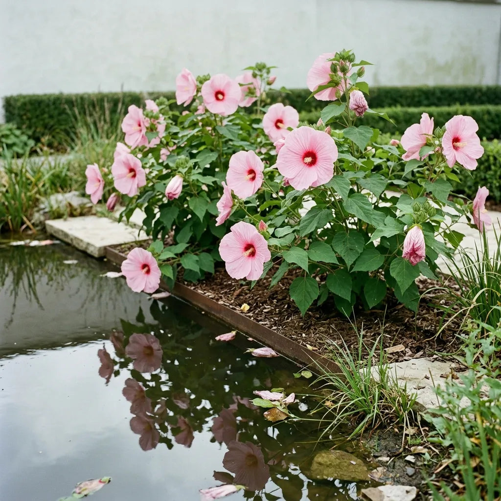 Hibiscus des marais plantés au bord d'un bassin, en sol frais à humide — SemiSauvage