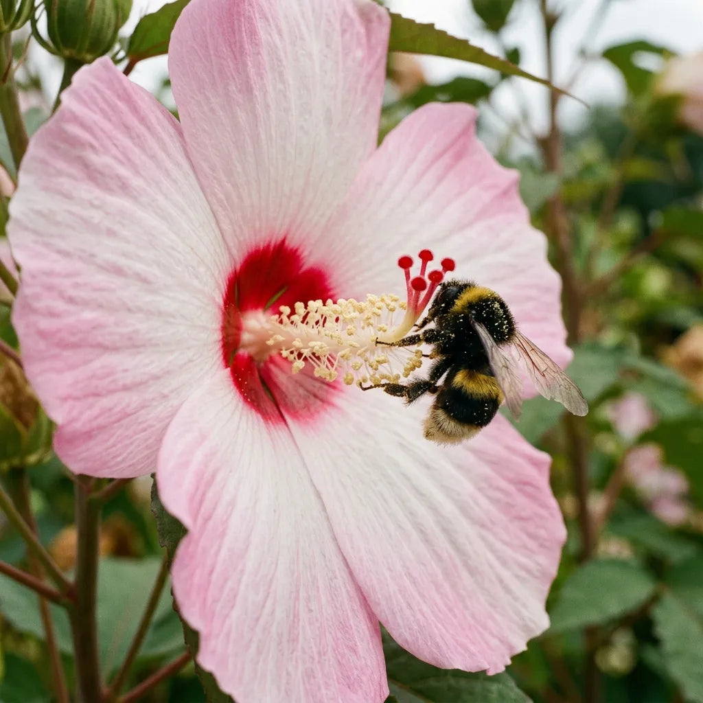 Bourdon saupoudré de pollen sur la colonne staminale d'un hibiscus des marais — SemiSauvage