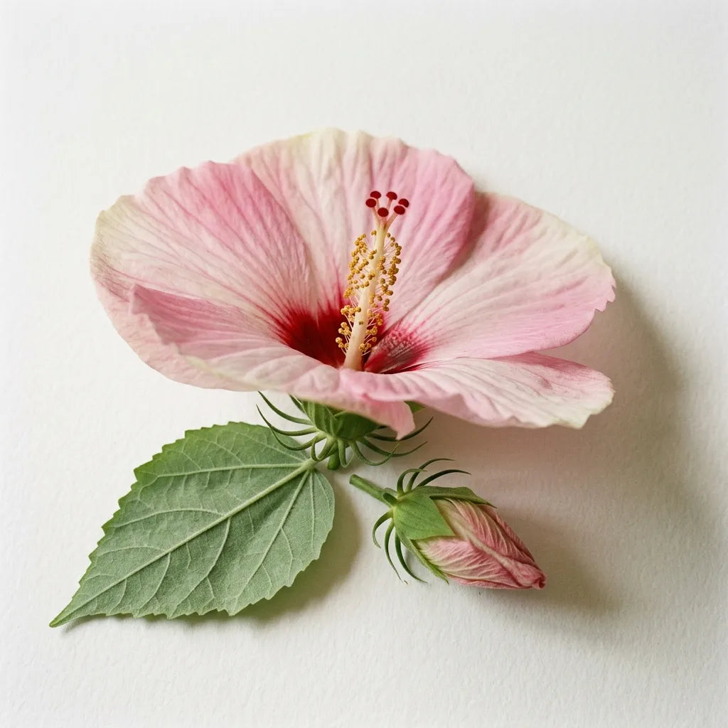 Fleur géante d'hibiscus des marais (Hibiscus moscheutos) sur fond blanc, avec feuille et bouton — SemiSauvage