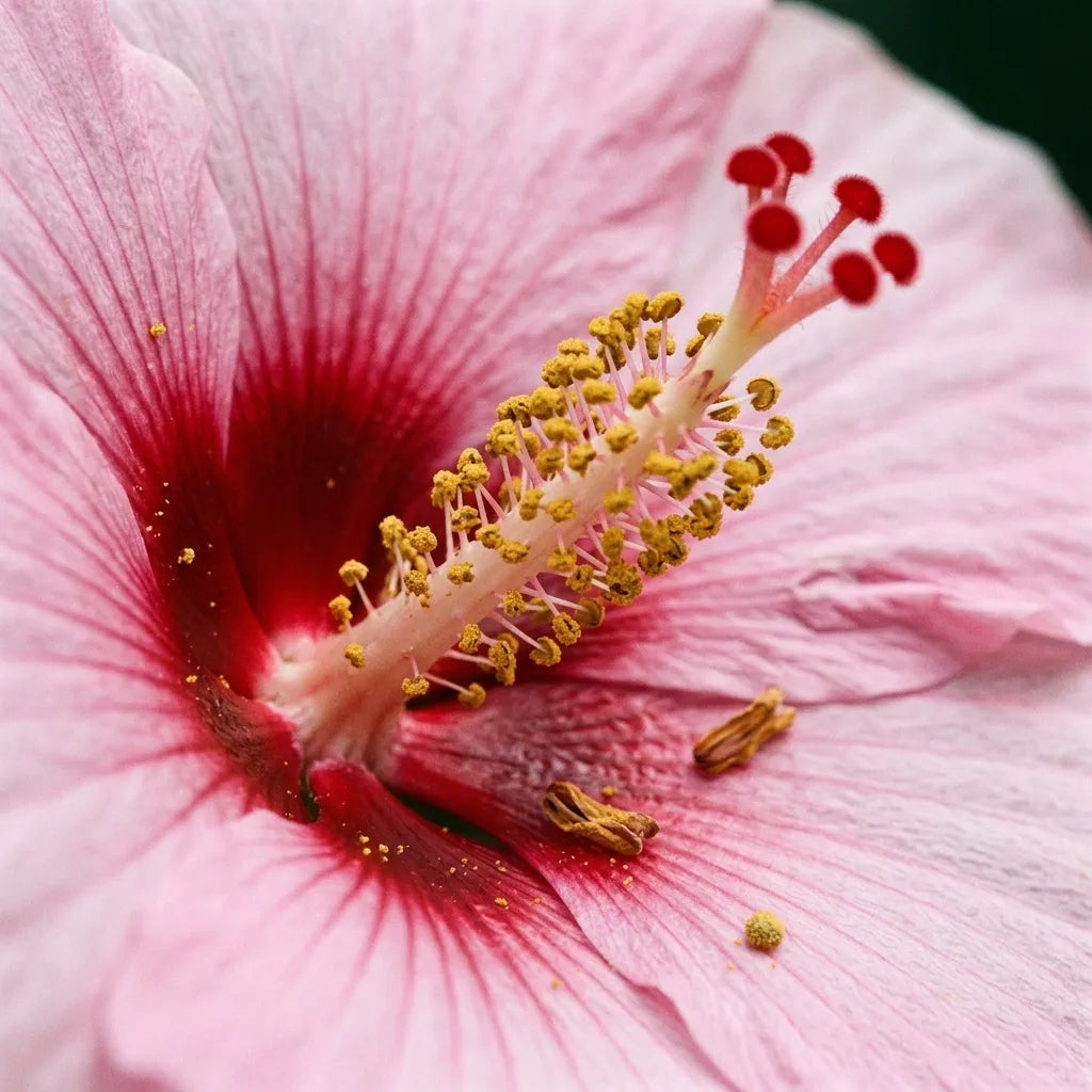 Macro du cœur d'un hibiscus des marais : colonne staminale et cinq stigmates rouges — SemiSauvage