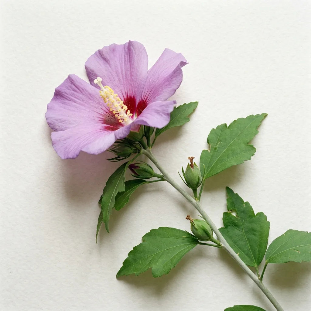 Rameau fleuri d'Hibiscus syriacus (althéa), fleur mauve à cœur carmin et feuilles trilobées, sur fond blanc — SemiSauvage