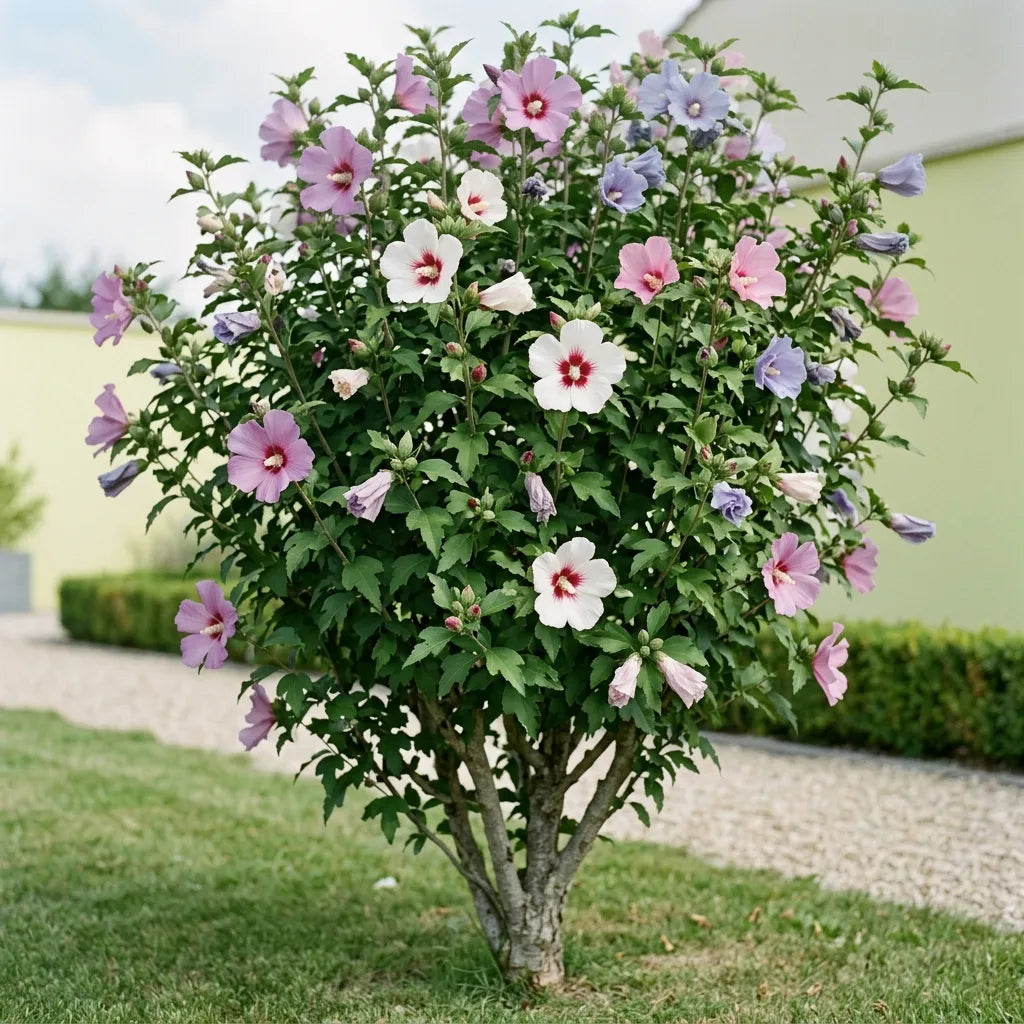 Althéa adulte en pleine floraison en sujet isolé dans un jardin — SemiSauvage