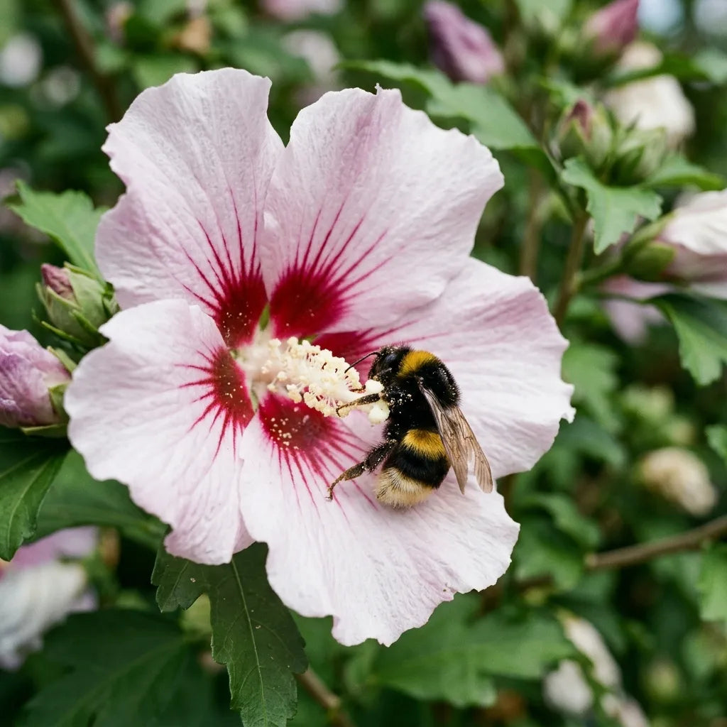 Bourdon enfoncé dans une fleur d'althéa, floraison de fin d'été pour les pollinisateurs — SemiSauvage
