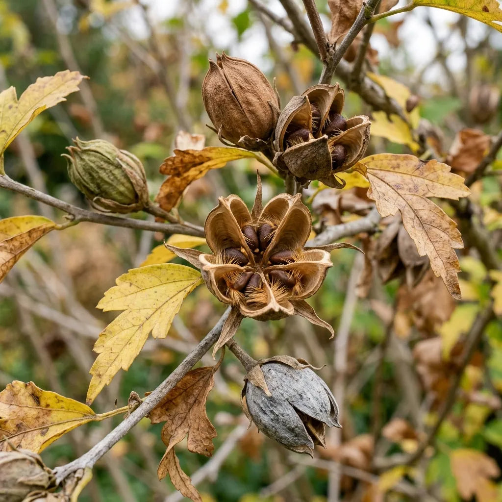 Capsules d'althéa ouvertes en cinq valves à l'automne, prêtes pour la récolte des graines — SemiSauvage