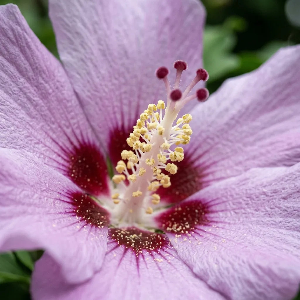 Macro du cœur d'une fleur d'althéa : colonne staminale et macule carmin, détail botanique — SemiSauvage