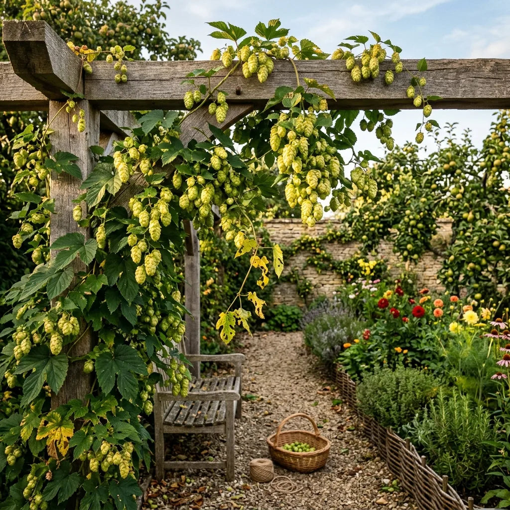 Houblon (Humulus lupulus) palissé sur une pergola de jardin — SemiSauvage