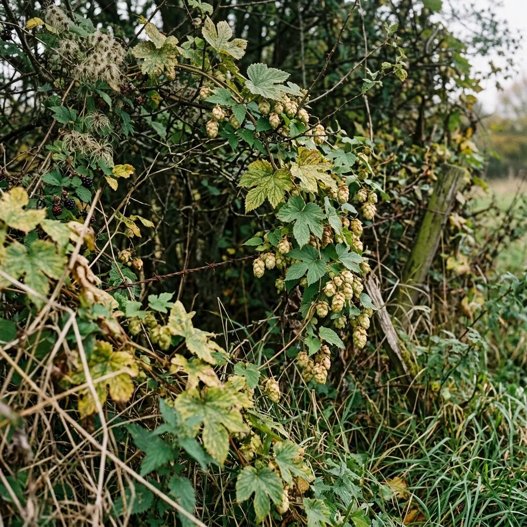 Houblon (Humulus lupulus) sauvage grimpant dans une haie champêtre — SemiSauvage