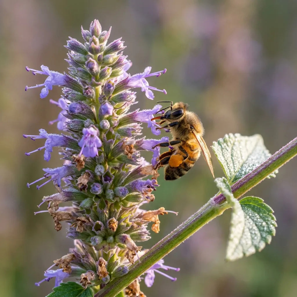 Abeille butinant un épi d'hysope anisée (Agastache foeniculum) couvert de rosée — SemiSauvage