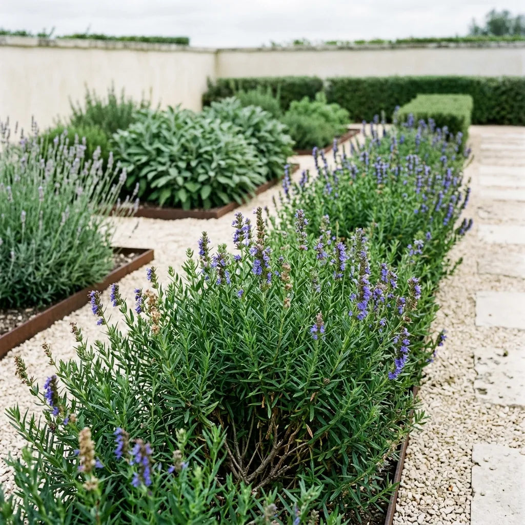 Bordure basse d'hysope officinale dans un carré d'aromatiques méditerranéen, avec lavande vraie et sauge officinale — SemiSauvage