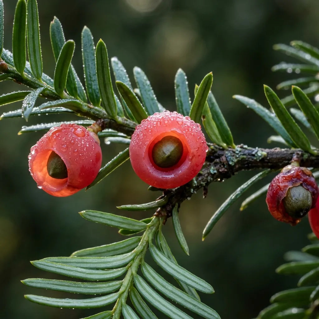 Arilles rouges d'if commun (Taxus baccata) couvertes de rosée — SemiSauvage