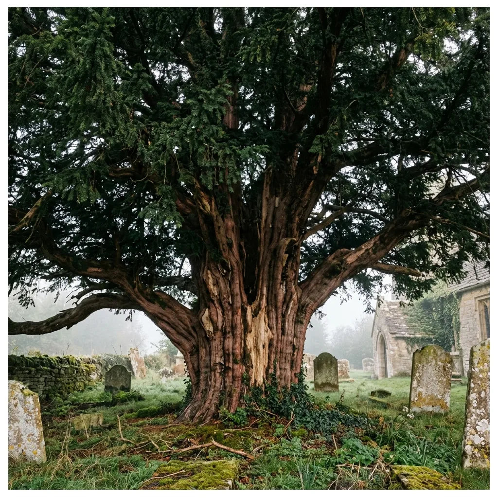 If commun (Taxus baccata) millénaire au tronc cannelé dans un ancien cimetière — SemiSauvage