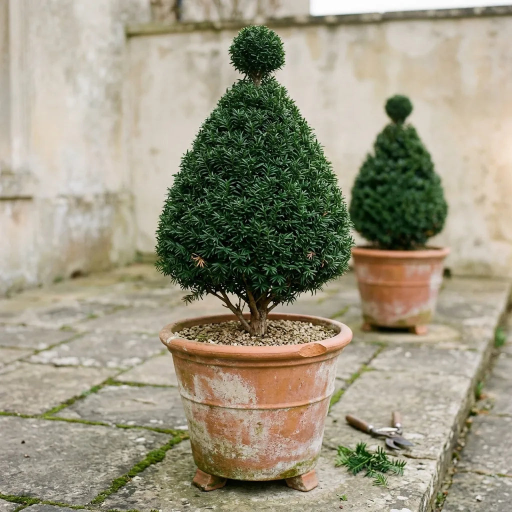 If commun (Taxus baccata) taillé en topiaire dans un pot de terre cuite — SemiSauvage