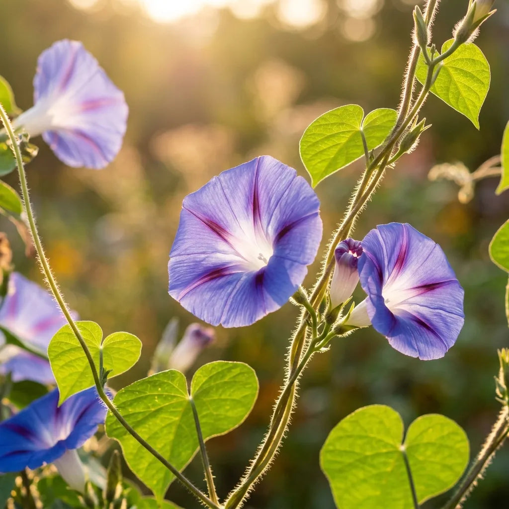 Corolles d'ipomée bleue translucides à contre-jour au soleil levant — SemiSauvage