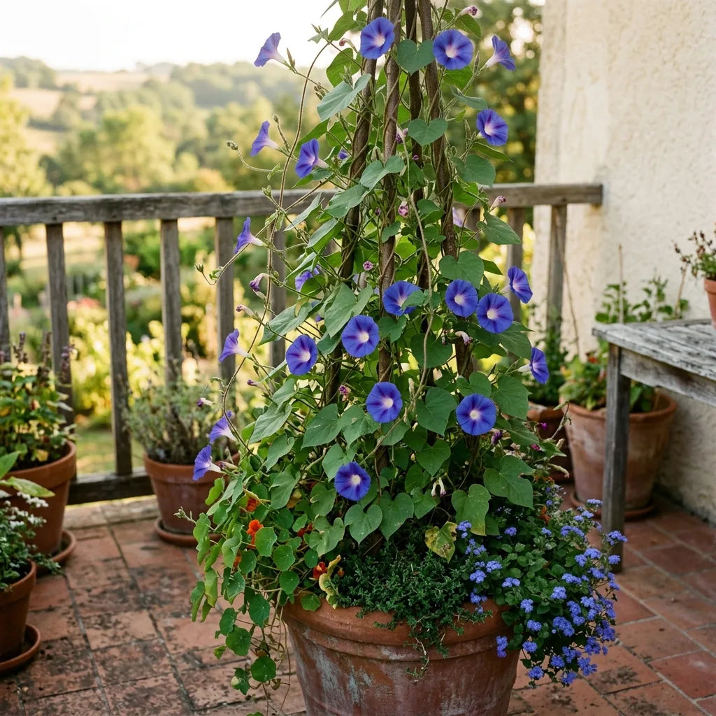 Ipomée bleue cultivée en pot sur une obélisque de noisetier, balcon — SemiSauvage