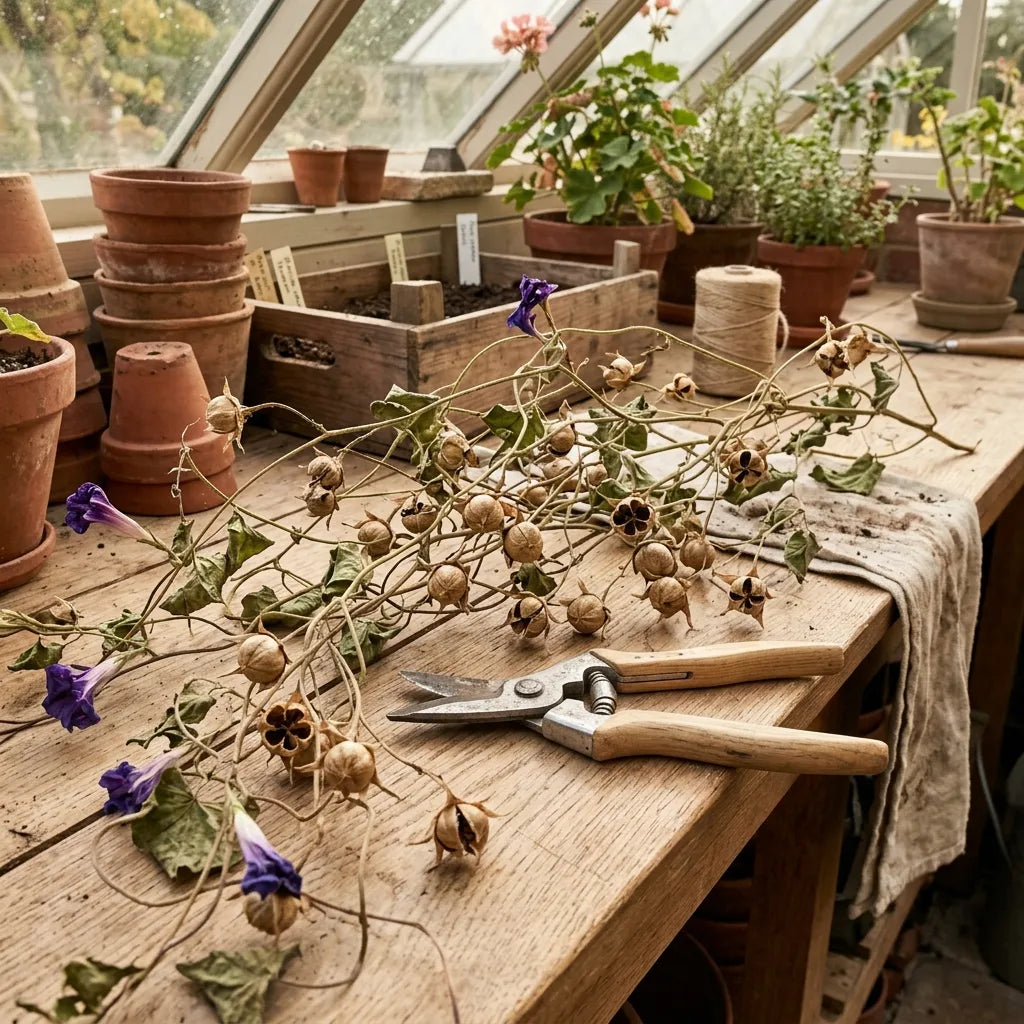 Capsules mûres d'ipomée sur leurs tiges dans un atelier de jardin — SemiSauvage
