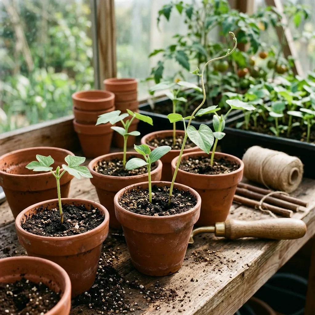 Jeunes plants d'ipomée en godets de terre cuite sous serre — SemiSauvage
