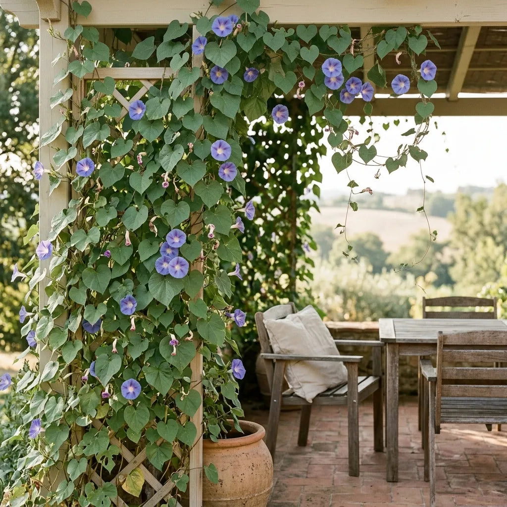 Ipomée bleue en brise-vue fleuri sur une terrasse de campagne — SemiSauvage