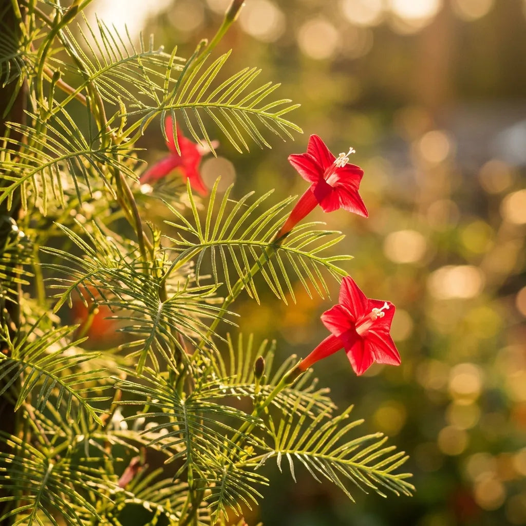 Feuillage plumeux et fleurs d'ipomée cardinal à contre-jour — SemiSauvage