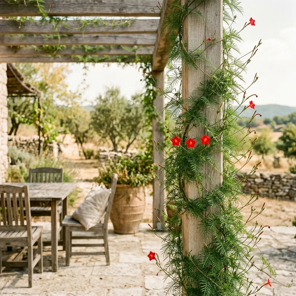 Ipomée cardinal habillant un montant de pergola en colonne fleurie — SemiSauvage