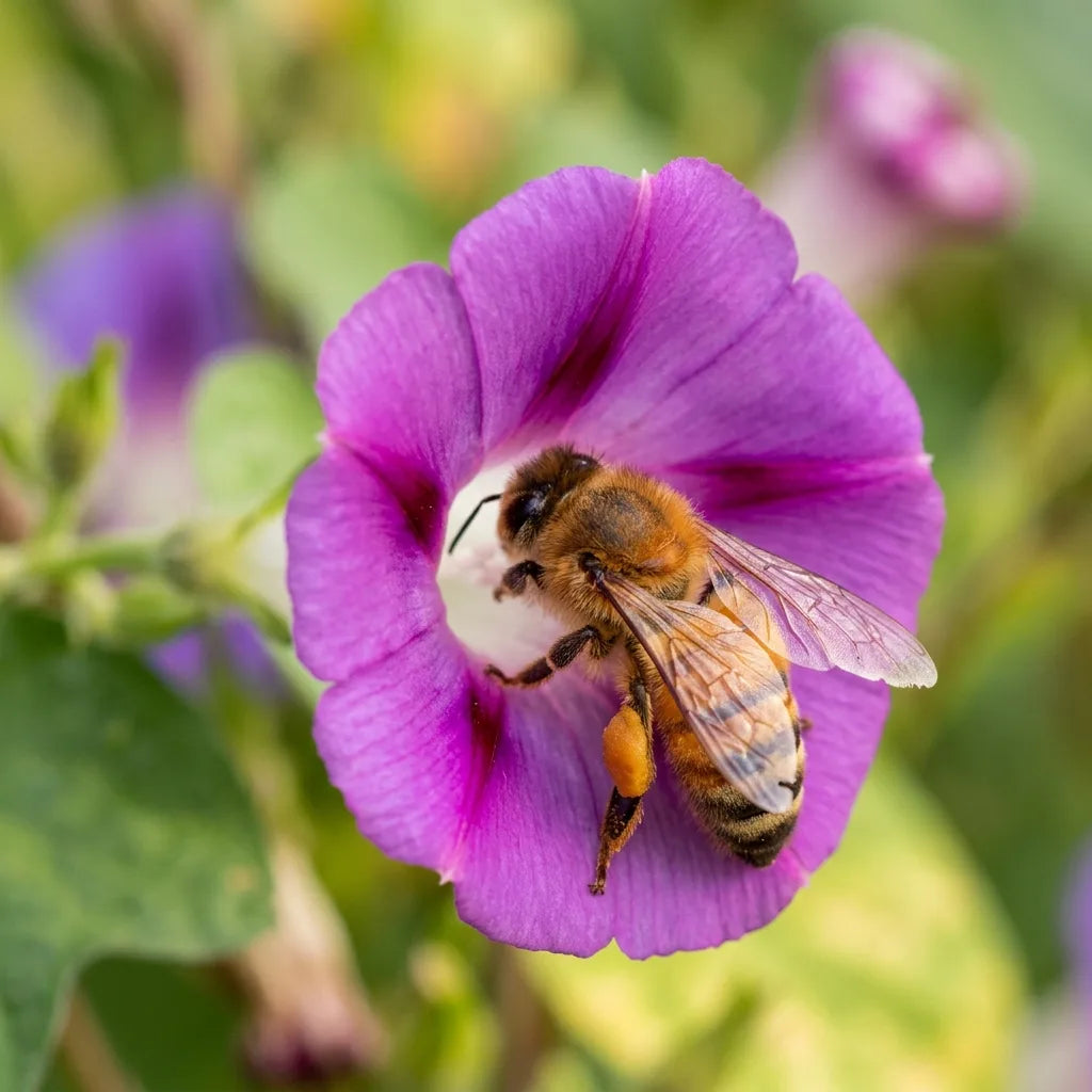 Abeille domestique butinant une fleur d'ipomée pourpre — SemiSauvage