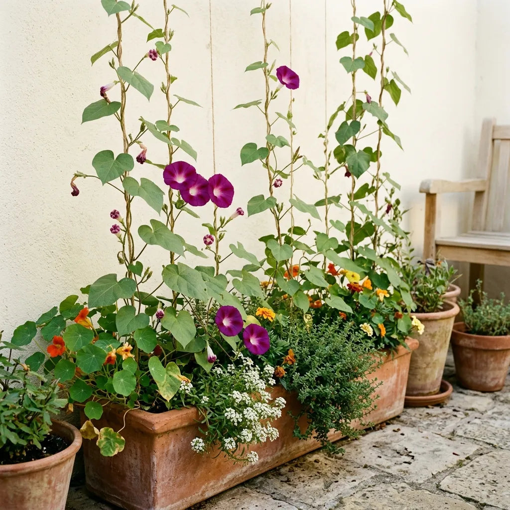 Ipomée pourpre cultivée en jardinière le long de ficelles tendues — SemiSauvage