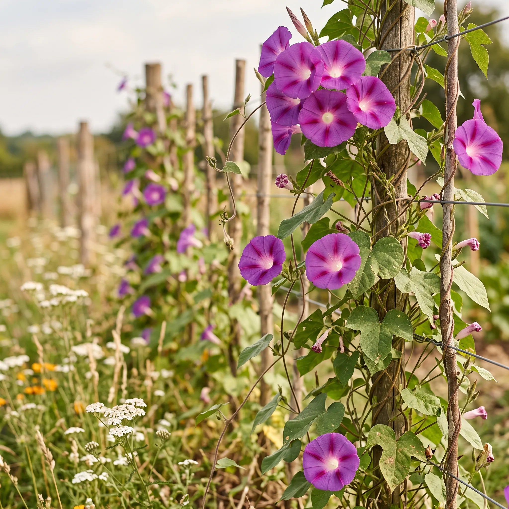 Ipomée pourpre grimpant sur une clôture champêtre en lisière de potager — SemiSauvage