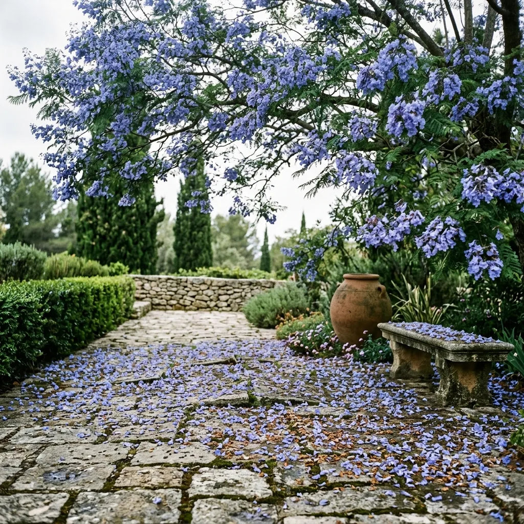 Allée dallée d'un jardin méditerranéen jonchée de fleurs de jacaranda — SemiSauvage