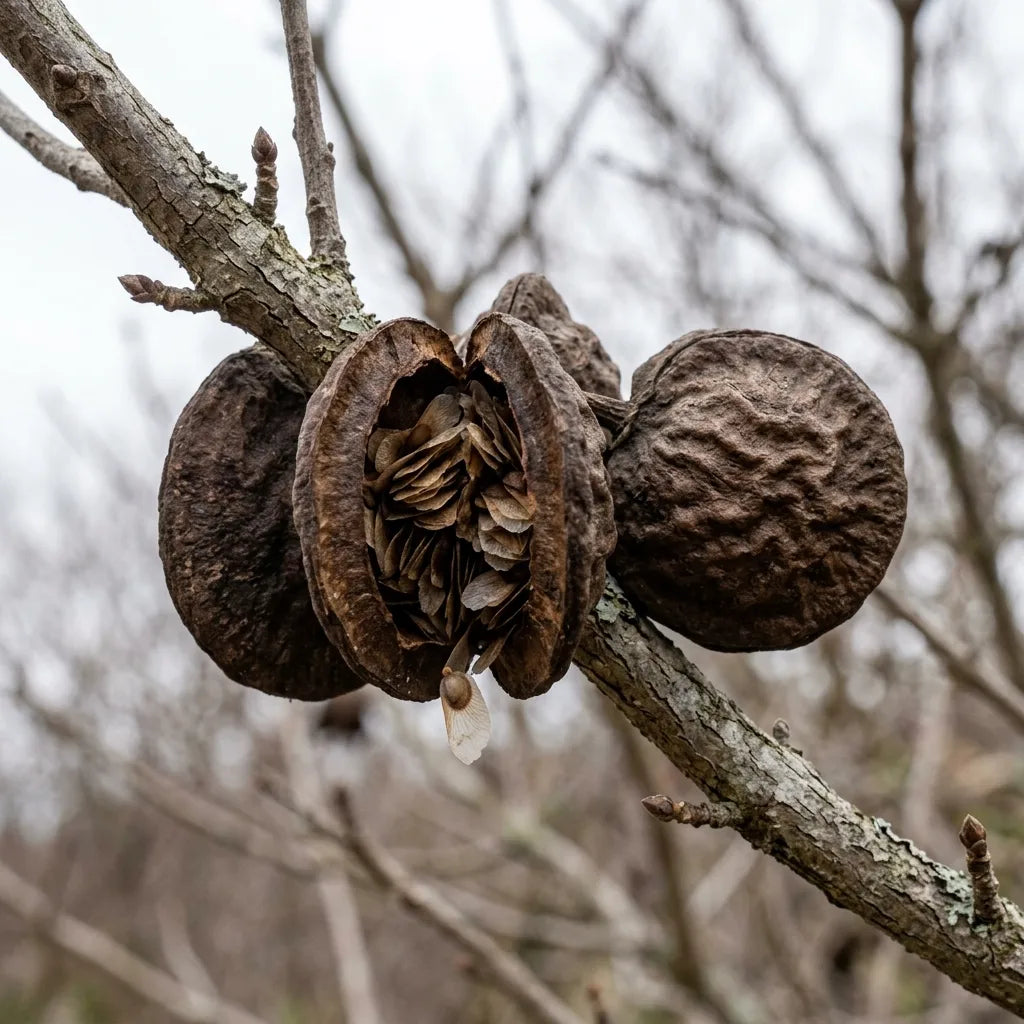 Capsules ligneuses ouvertes de Jacaranda mimosifolia libérant leurs graines ailées — SemiSauvage