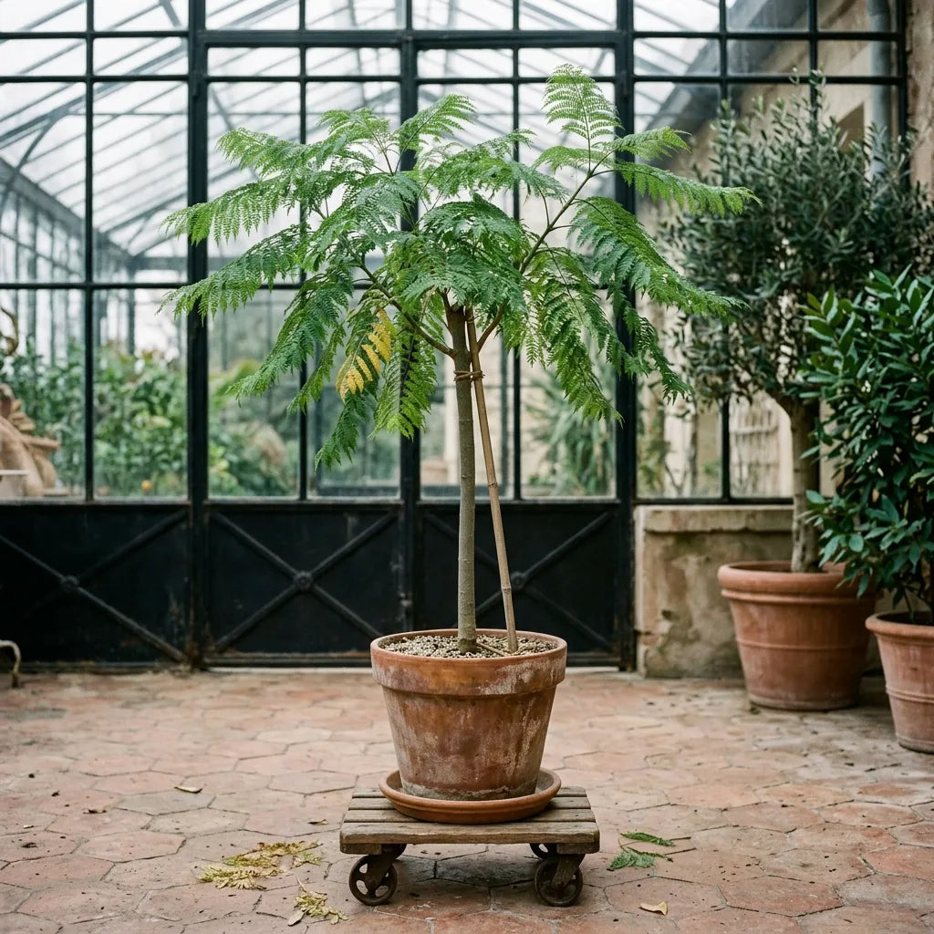 Jeune Flamboyant Bleu cultivé en grand pot dans une orangerie vitrée pour l'hivernage — SemiSauvage
