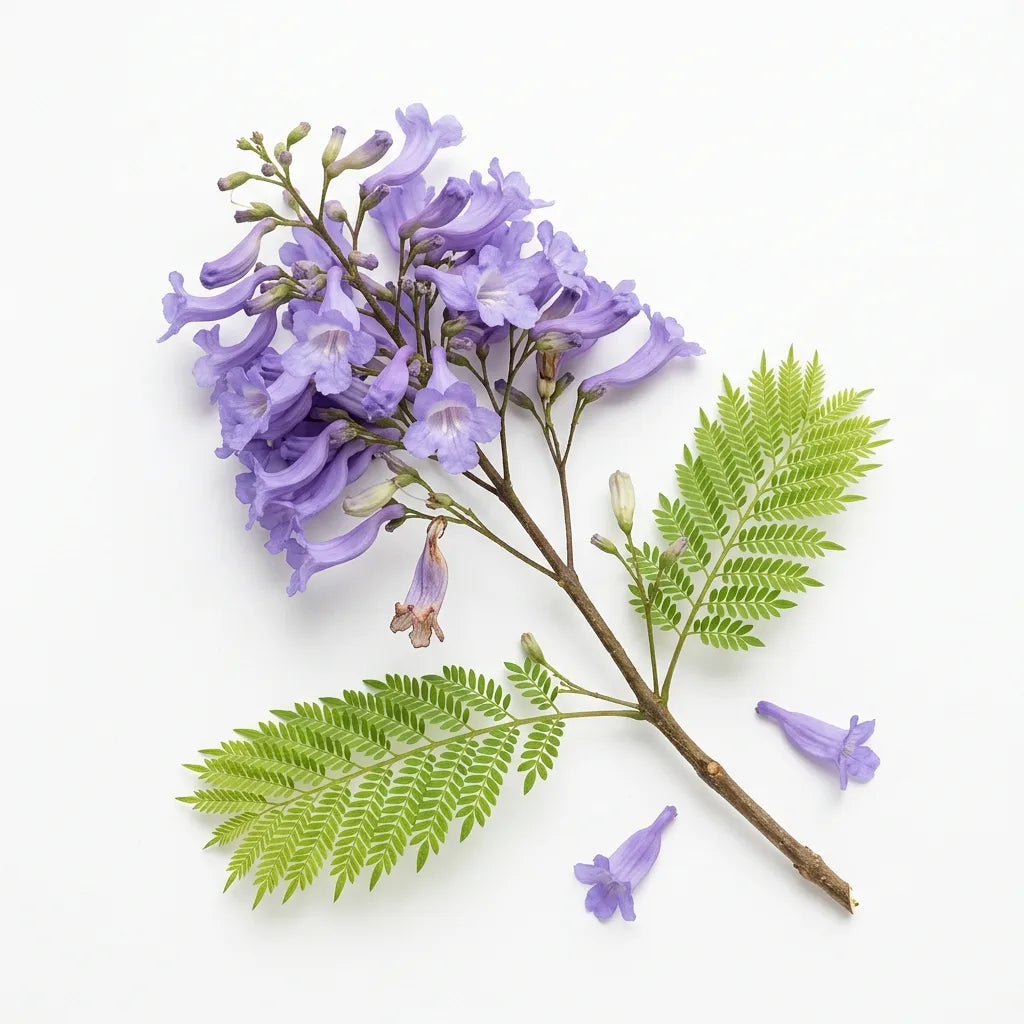 Rameau fleuri de Jacaranda mimosifolia, panicule bleu-lavande et feuilles bipennées, sur fond blanc — SemiSauvage
