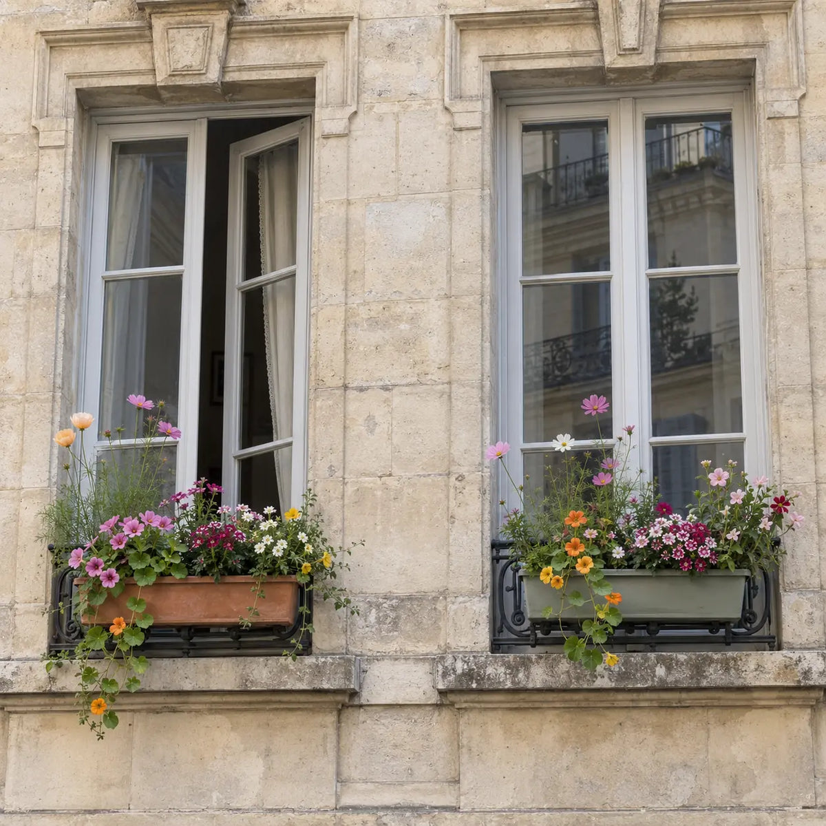 Deux jardinières fleuries aux fenêtres d’une façade ancienne, avec des fleurs et des feuillages retombants.