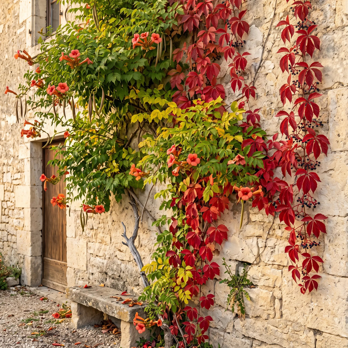 Bignone et vigne vierge se partageant un grand mur de pierre au debut de l automne