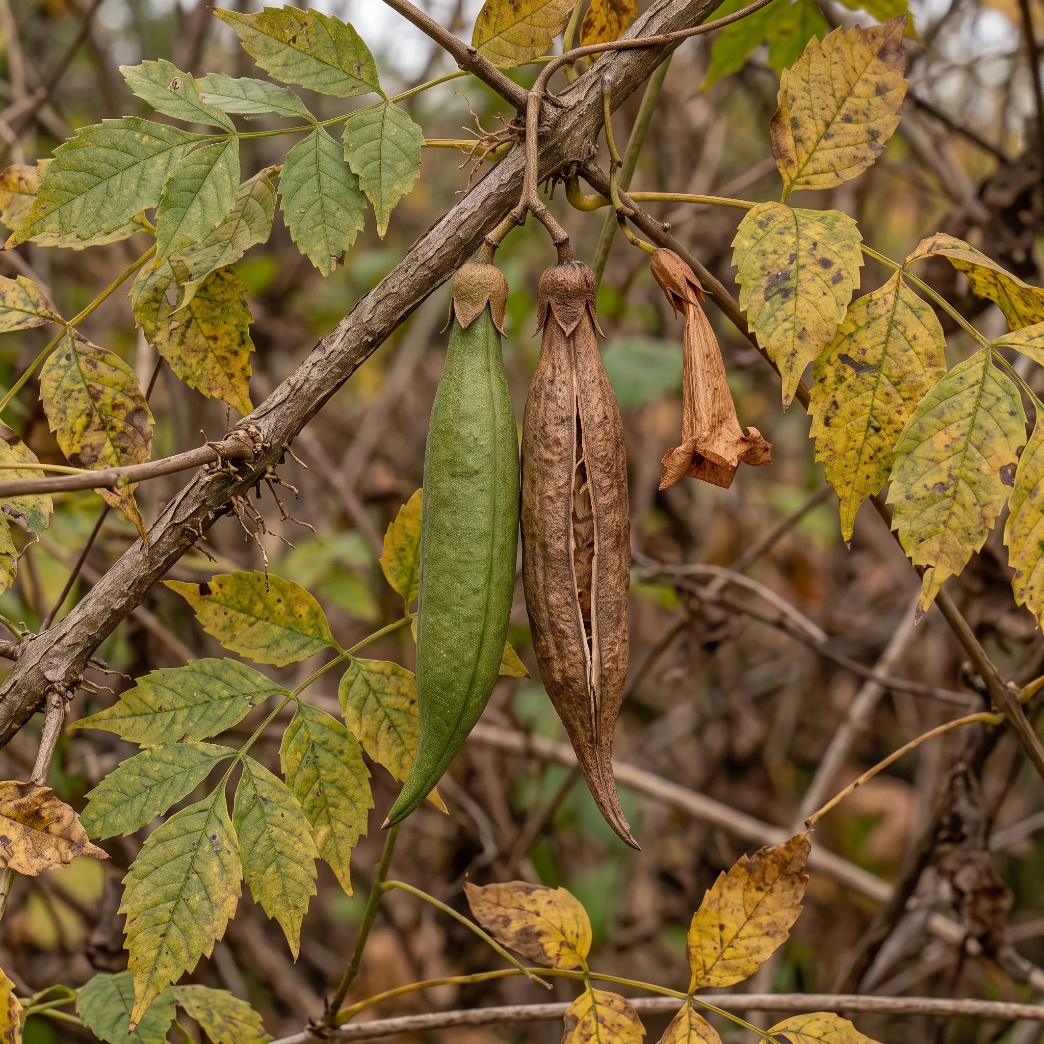 Gousses effilees en fuseau du jasmin de Virginie en automne, l une verte l autre seche et entrouverte