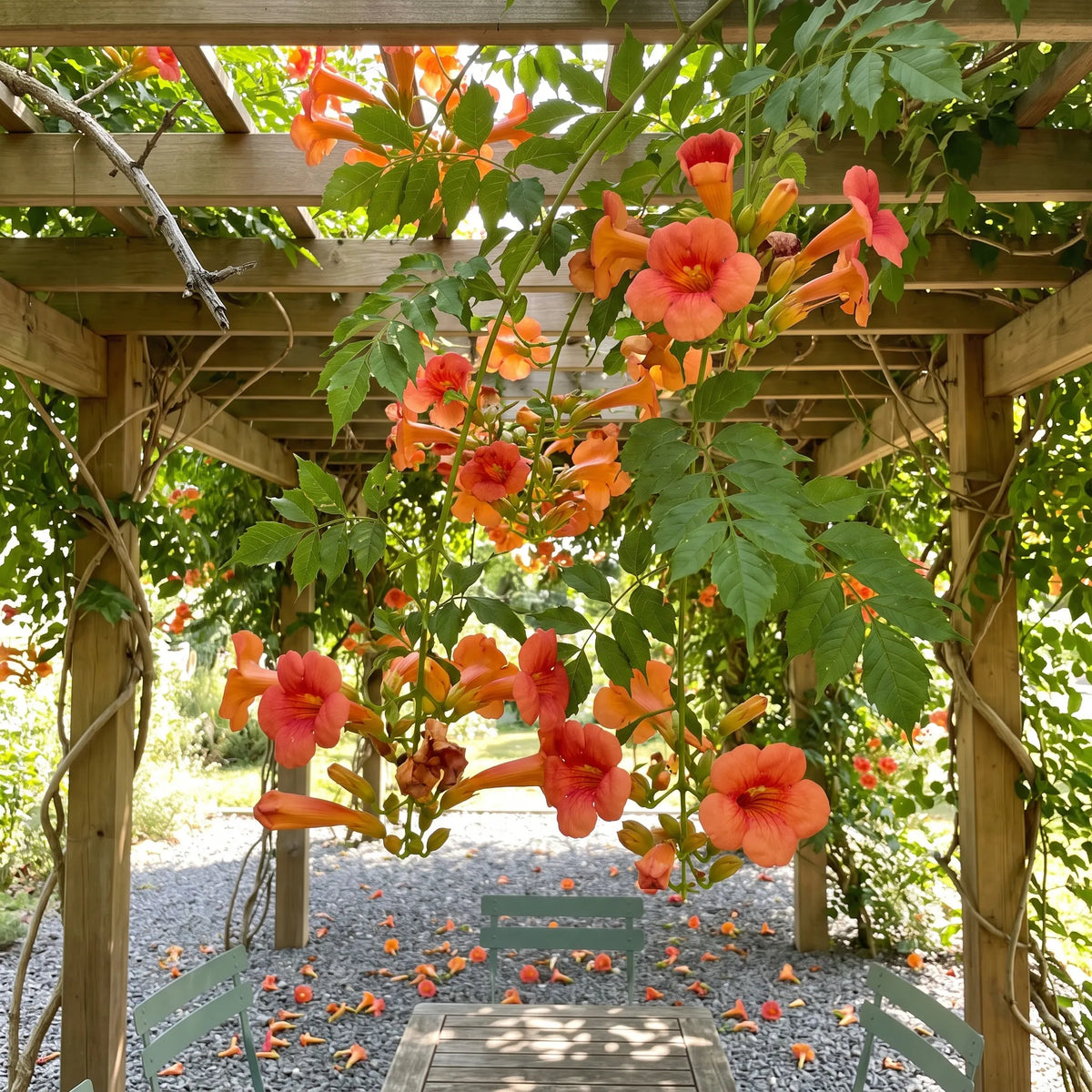 Tonnelle de jardin couverte de bignone, trompettes orange pendant a travers le toit de feuillage