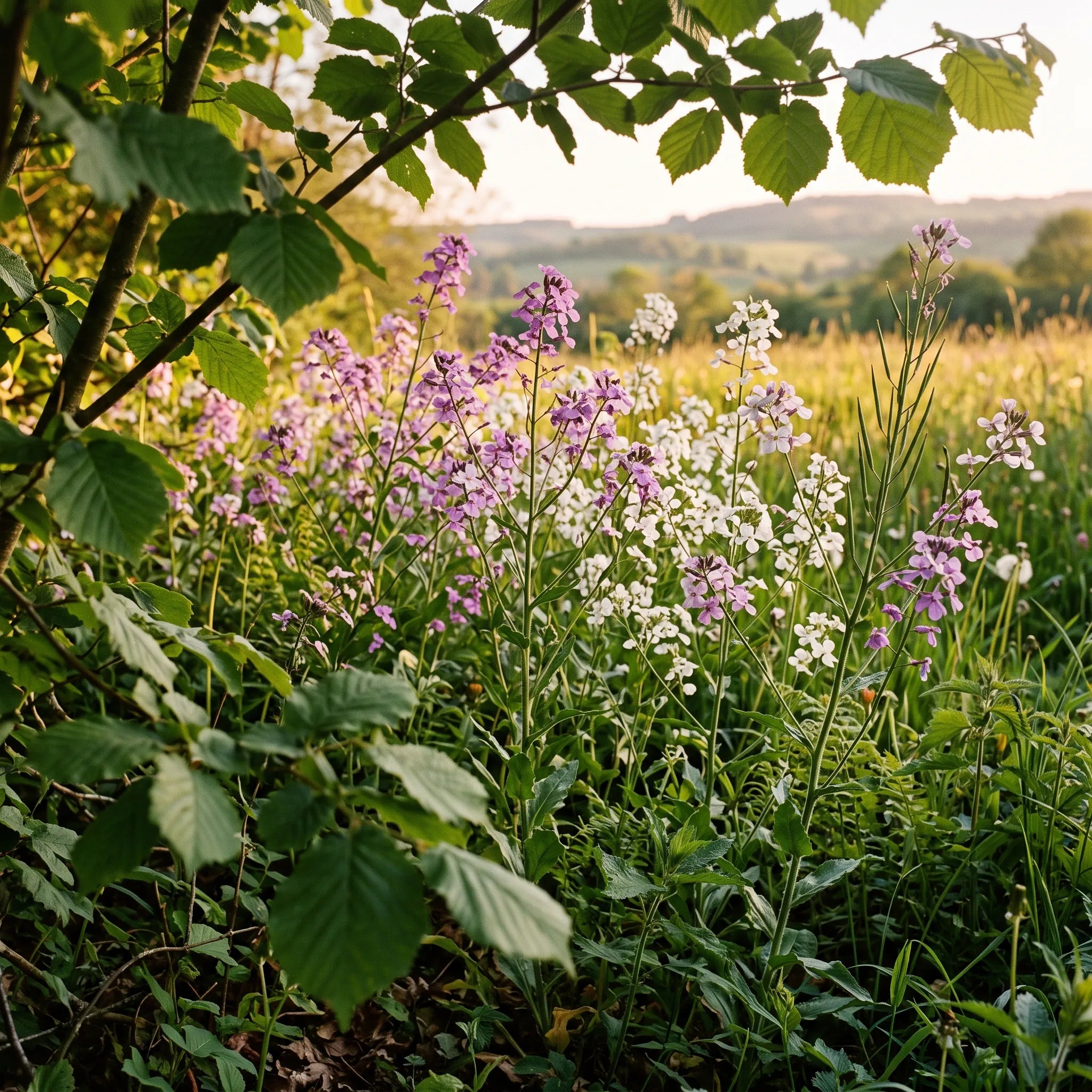 Colonie de juliennes des dames en lisière de haie au soleil du soir — SemiSauvage