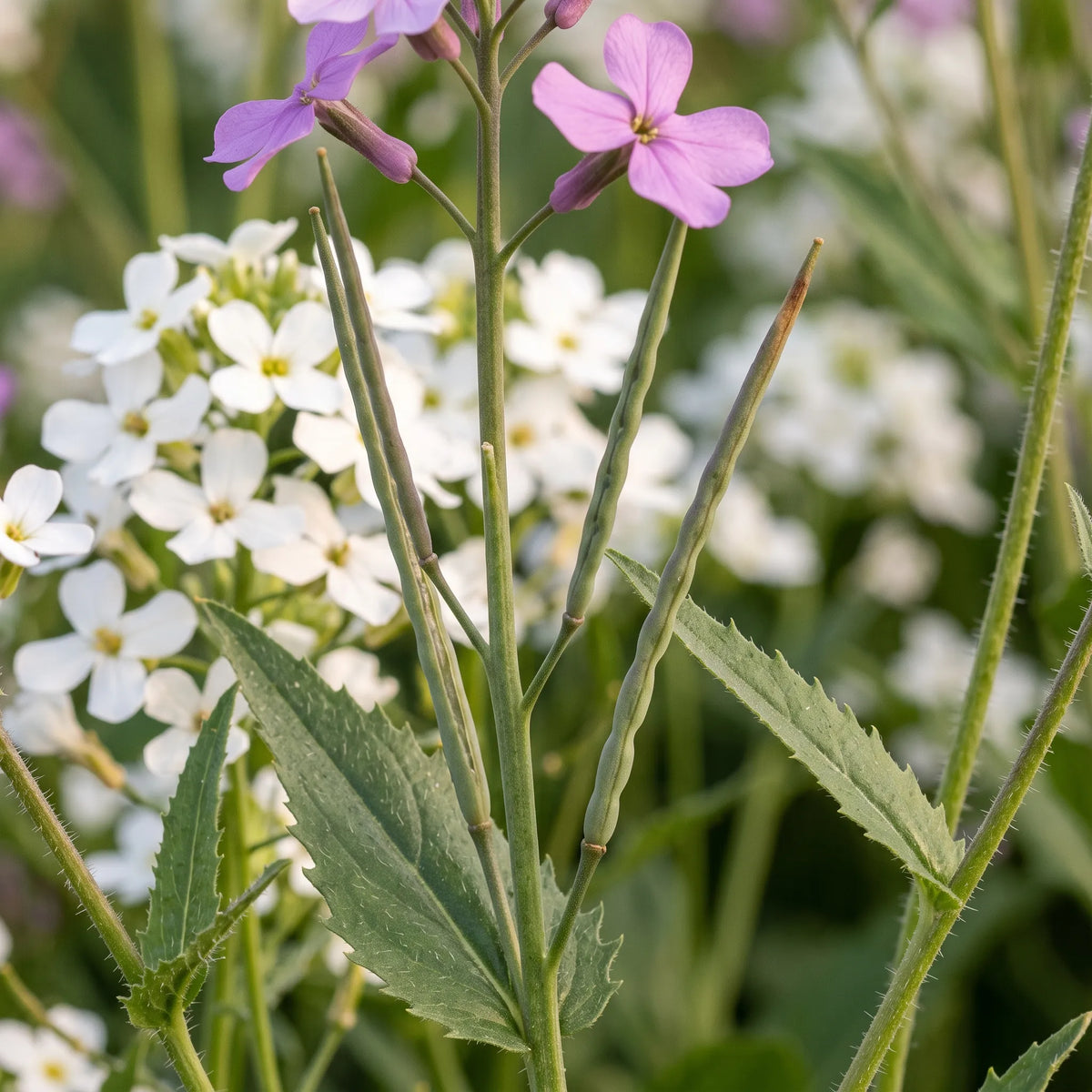 Macro des longues siliques grêles de la julienne des dames — SemiSauvage