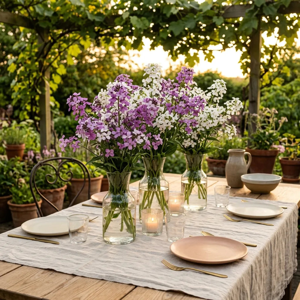 Bouquets de julienne des dames sur une table dressée sous la treille — SemiSauvage