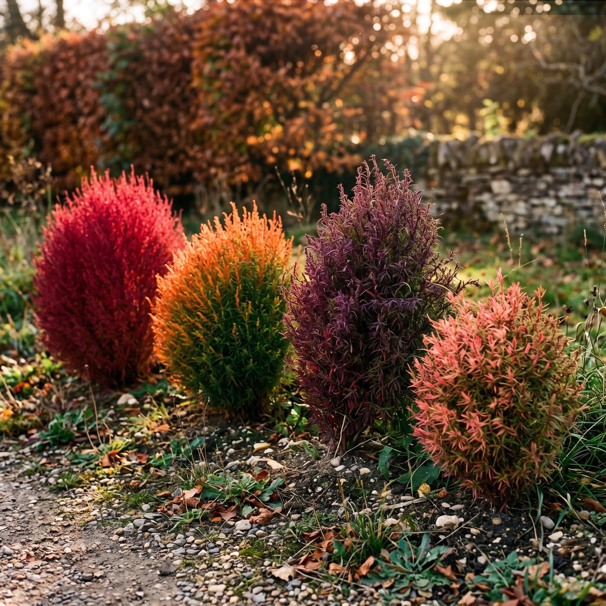 Embrasement automnal de la kochie à balai : cônes rouges, orange et pourpres en bordure de jardin