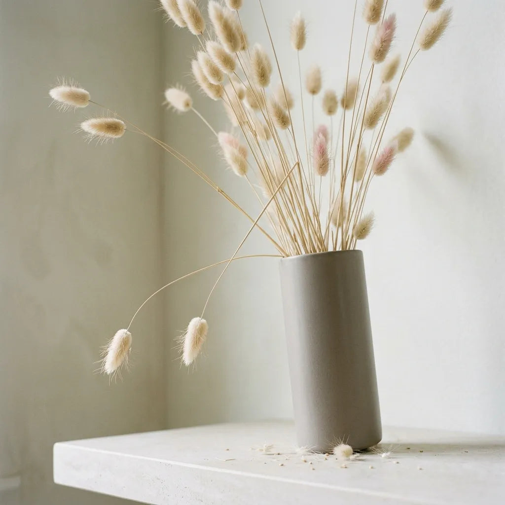 Bouquet sec de lagure queue-de-lièvre dans un vase de grès mat — SemiSauvage