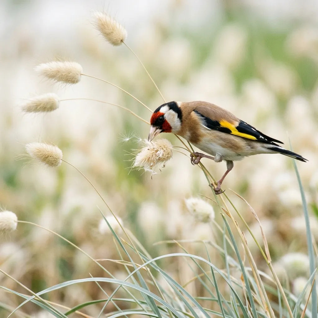 Chardonneret élégant picorant les graines d'un épi de lagure à l'automne — SemiSauvage
