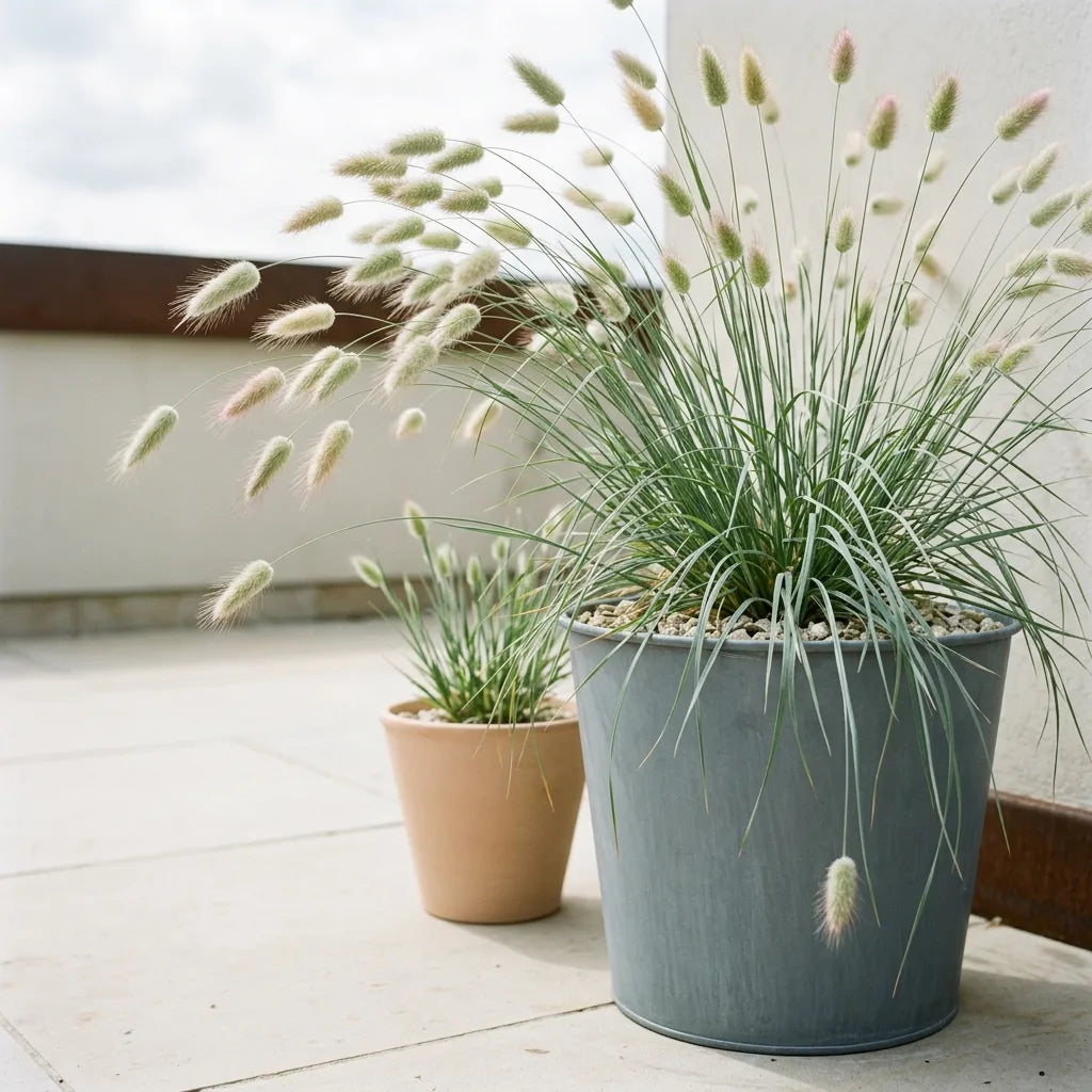 Culture du lagure ovale en pot de zinc sur une terrasse contemporaine — SemiSauvage