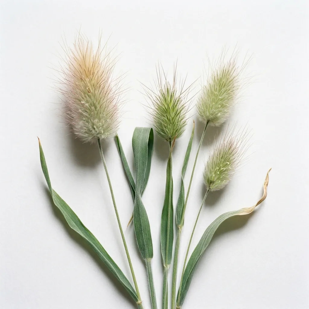 Épis de lagure ovale (Lagurus ovatus) sur fond blanc : pompons duveteux et fines lames de graminée — SemiSauvage