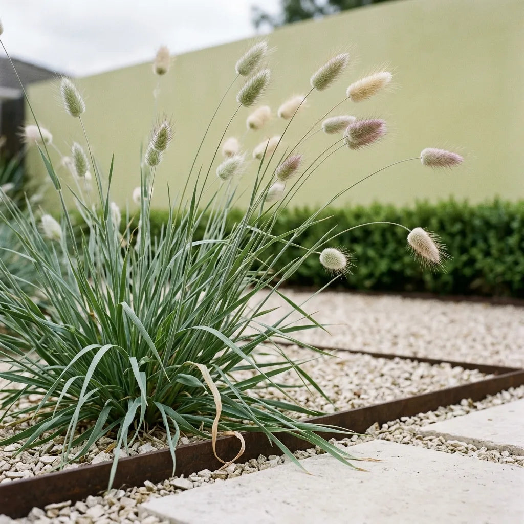 Touffe de lagure queue-de-lièvre en fleurs dans un massif de jardin sec paillé de gravier — SemiSauvage