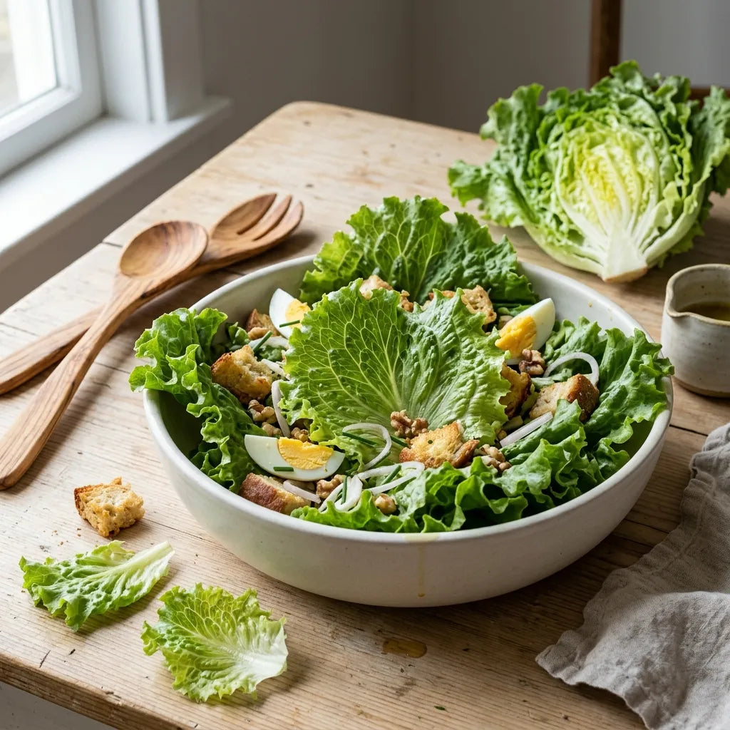 Salade croquante de laitue batavia déchirée à la main, croûtons et œufs durs — SemiSauvage