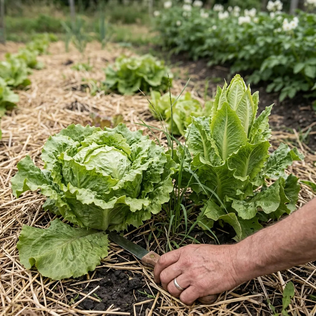 Laitue batavia à point et laitue commençant à monter, côte à côte au potager — SemiSauvage